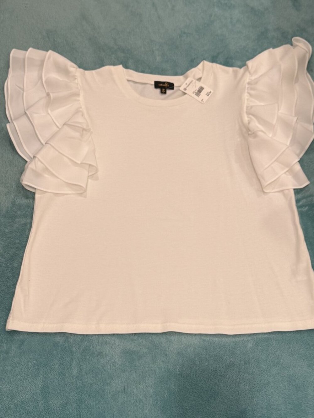 WHITE RUFFLE SLEEVE TEE - LARGE